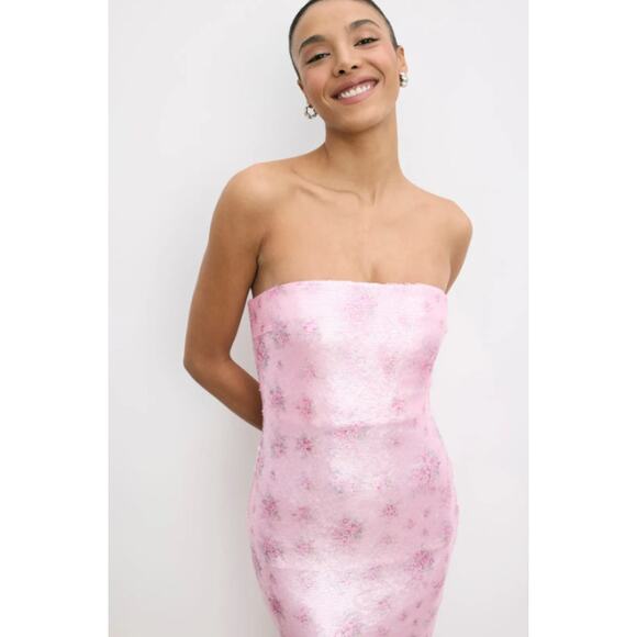 LoveShackFancy Stasia Sequin Midi Dress Floral Strapless Sparkle Flamenco Pink - Picture 2 of 16